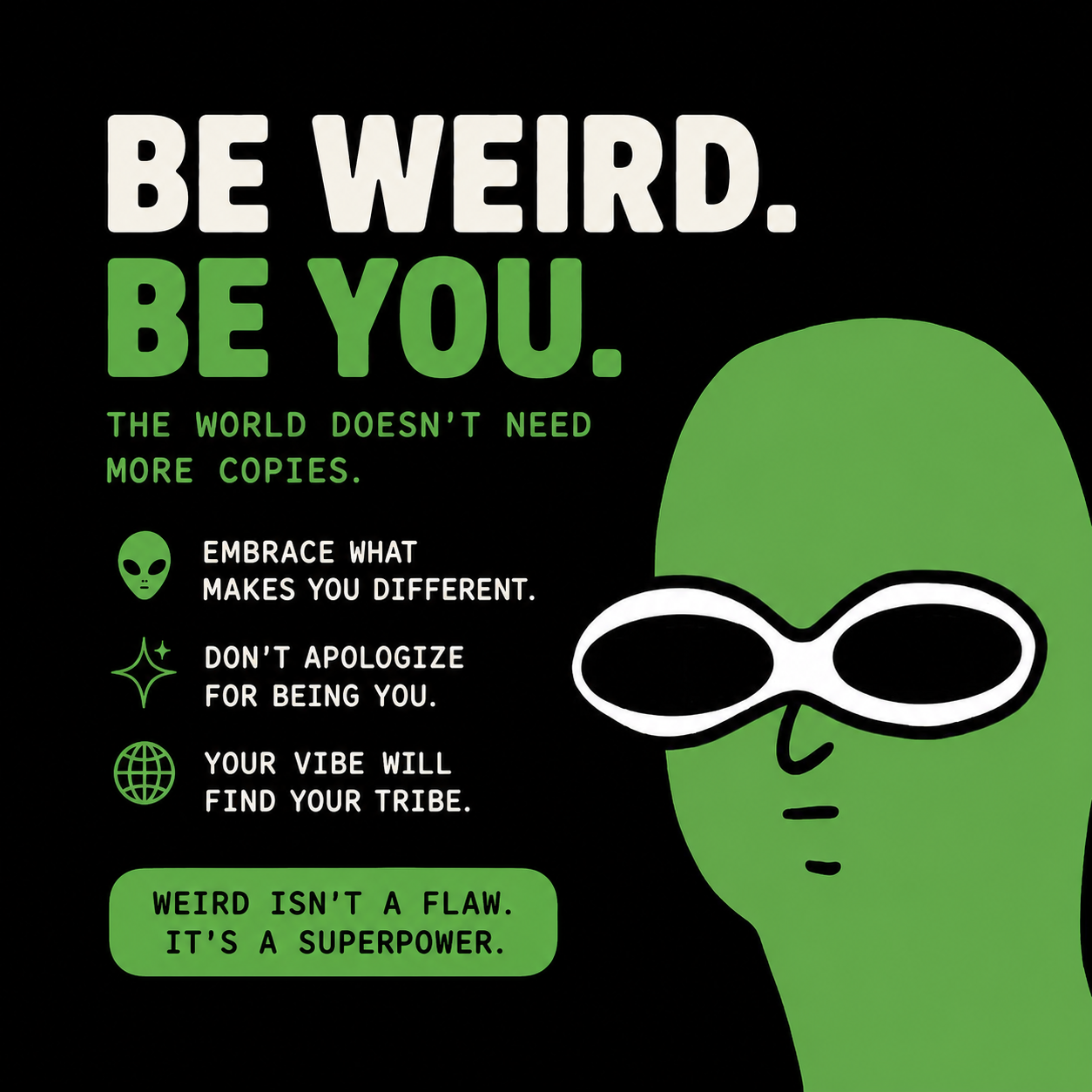 Green alien wearing white sunglasses