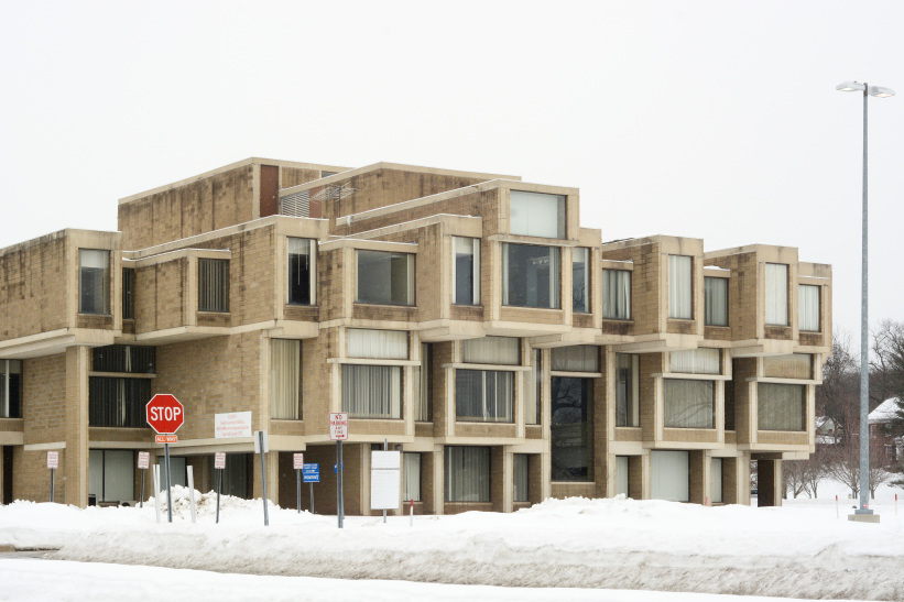 Imposing concrete facade of a brutalist building
